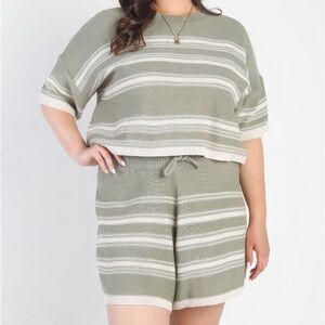 Olive Striped Knit Crop Top High Waist Shorts Set
